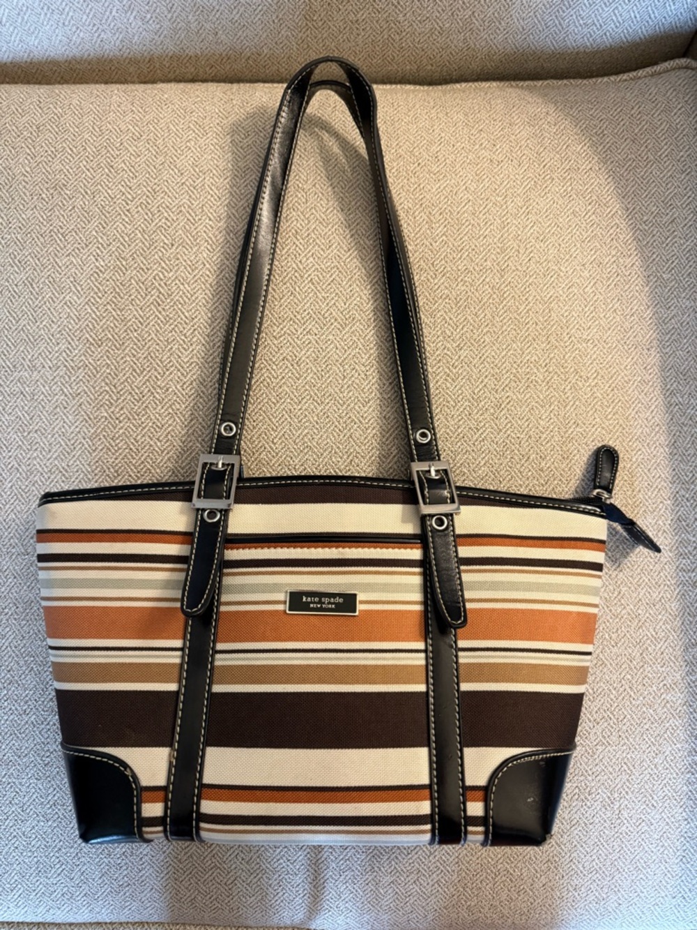 kate spade Striped Canvas Handbag in Brown, Tan & Cream